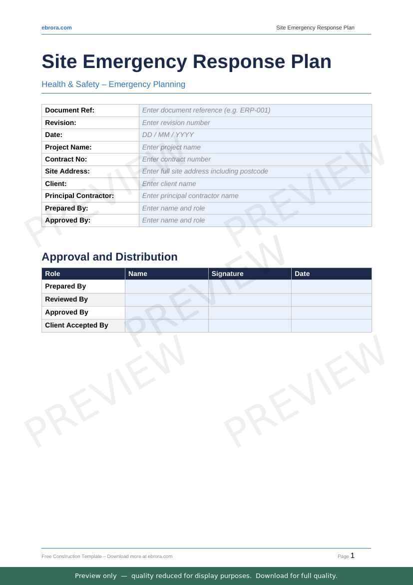 Preview of Site Emergency Response Plan — first two pages at A4 size