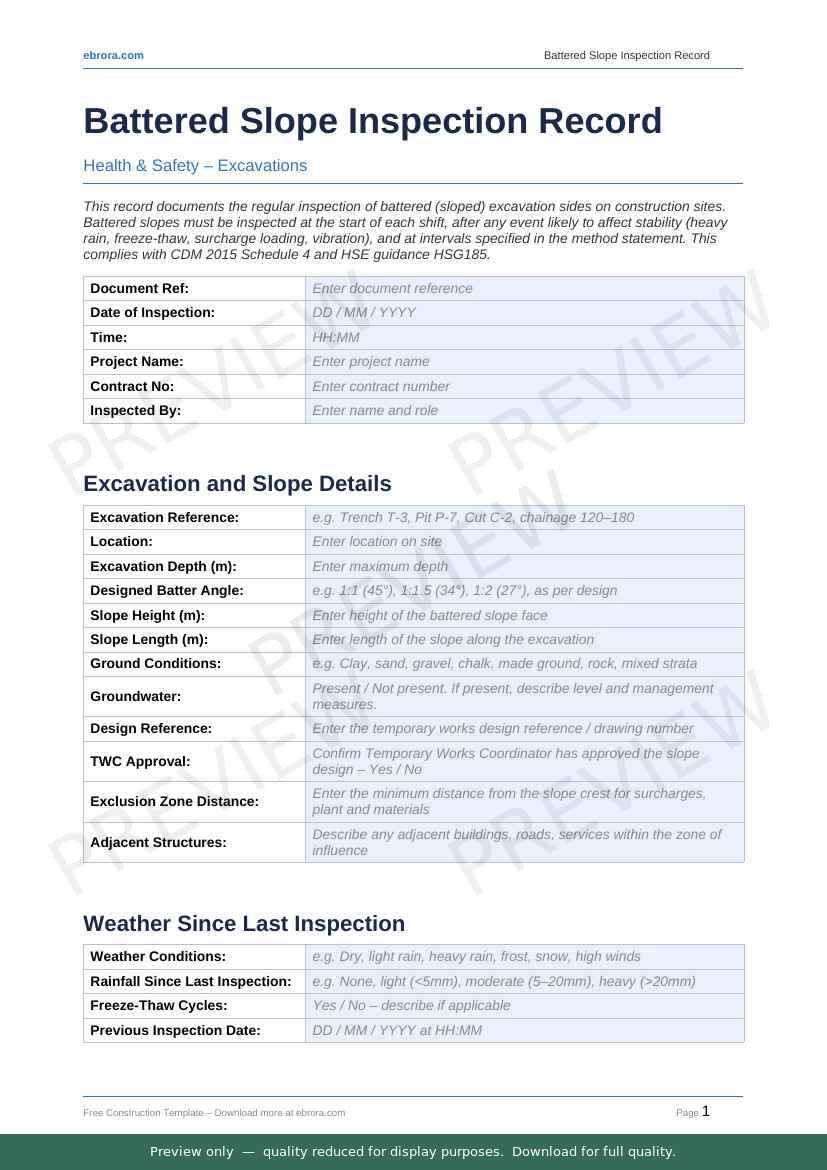 Preview of Battered Slope Inspection Record — first two pages at A4 size
