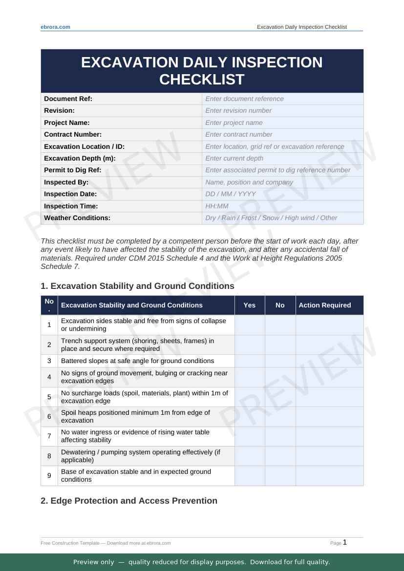 Preview of Excavation Daily Inspection Checklist — first two pages at A4 size