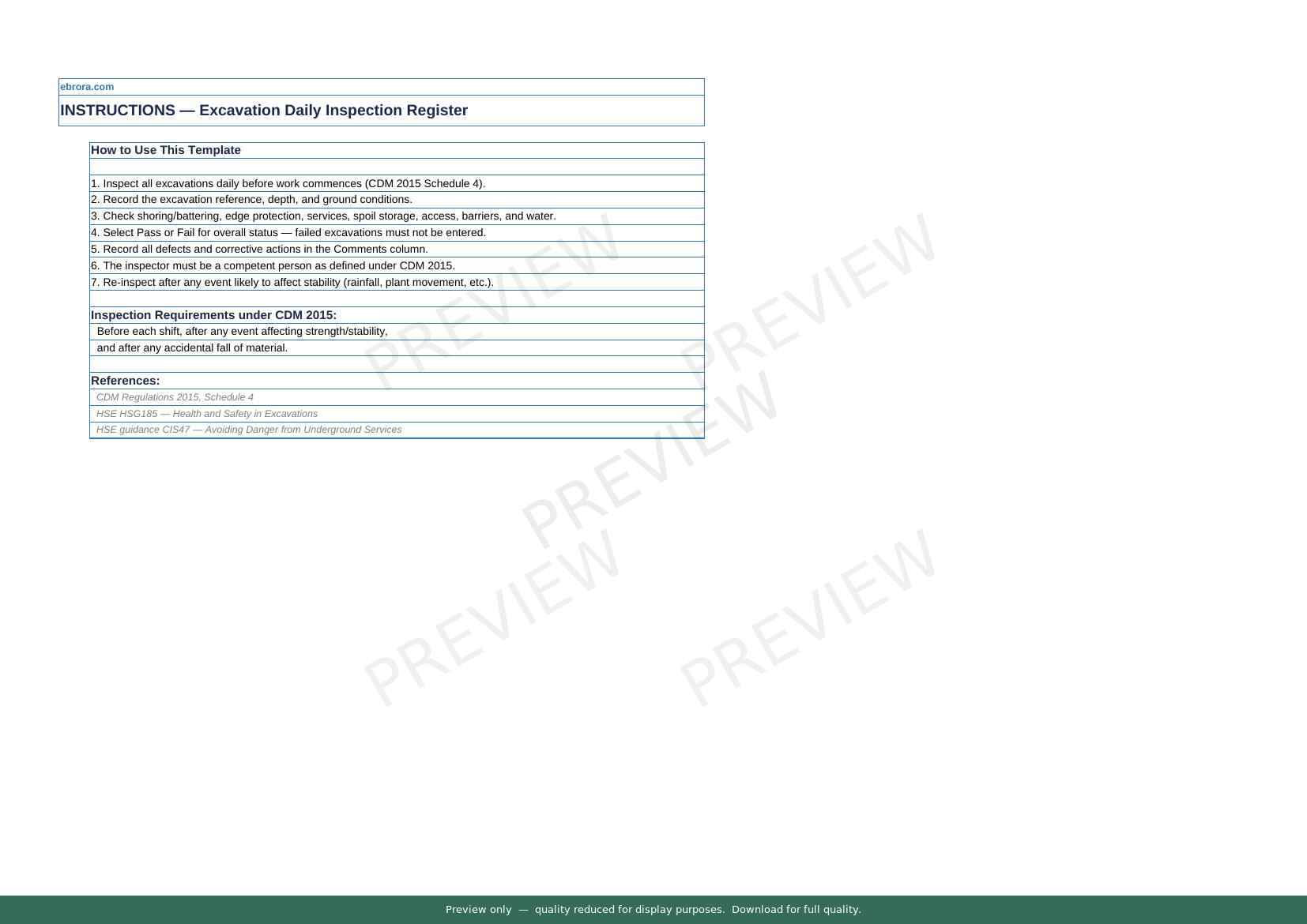 Preview of Excavation Daily Inspection Register — first two pages at A4 size