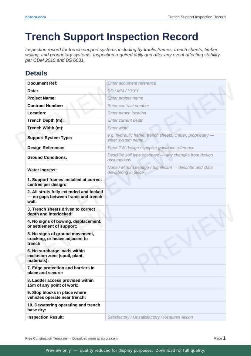 Preview of Trench Support Inspection Record — first two pages at A4 size
