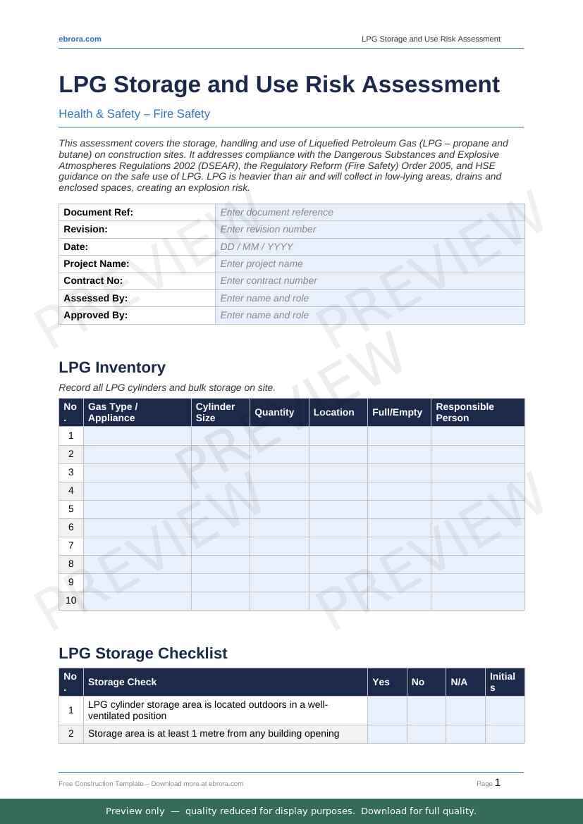 Preview of Lpg Storage and Use Risk Assessment — first two pages at A4 size