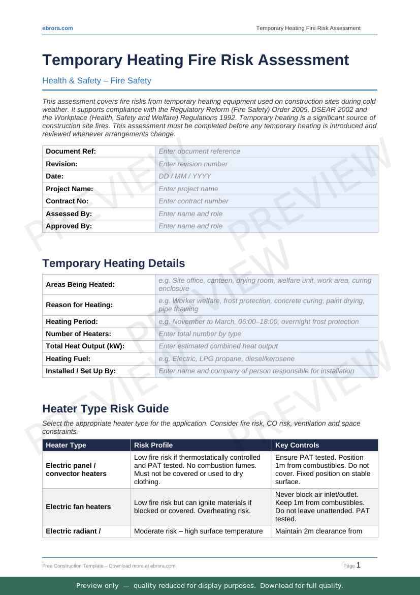 Preview of Temporary Heating Fire Risk Assessment — first two pages at A4 size