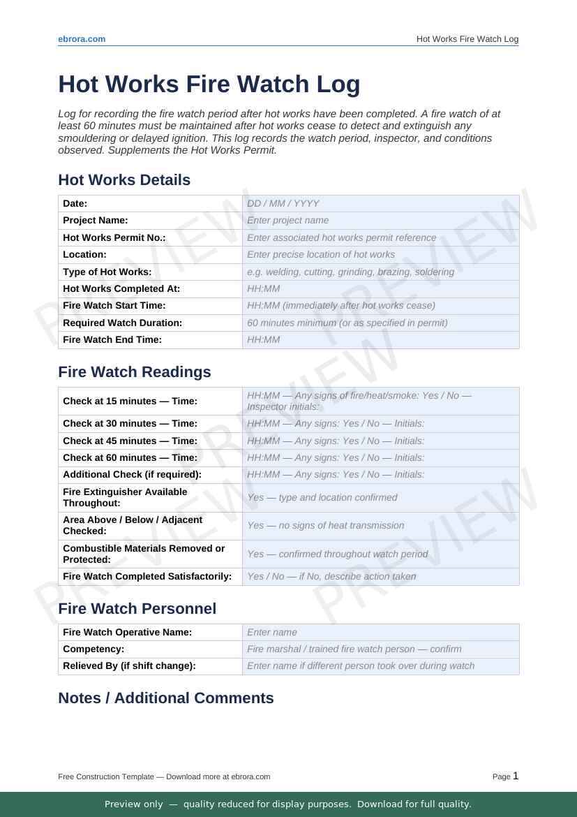 Preview of Hot Works Fire Watch Log — first two pages at A4 size