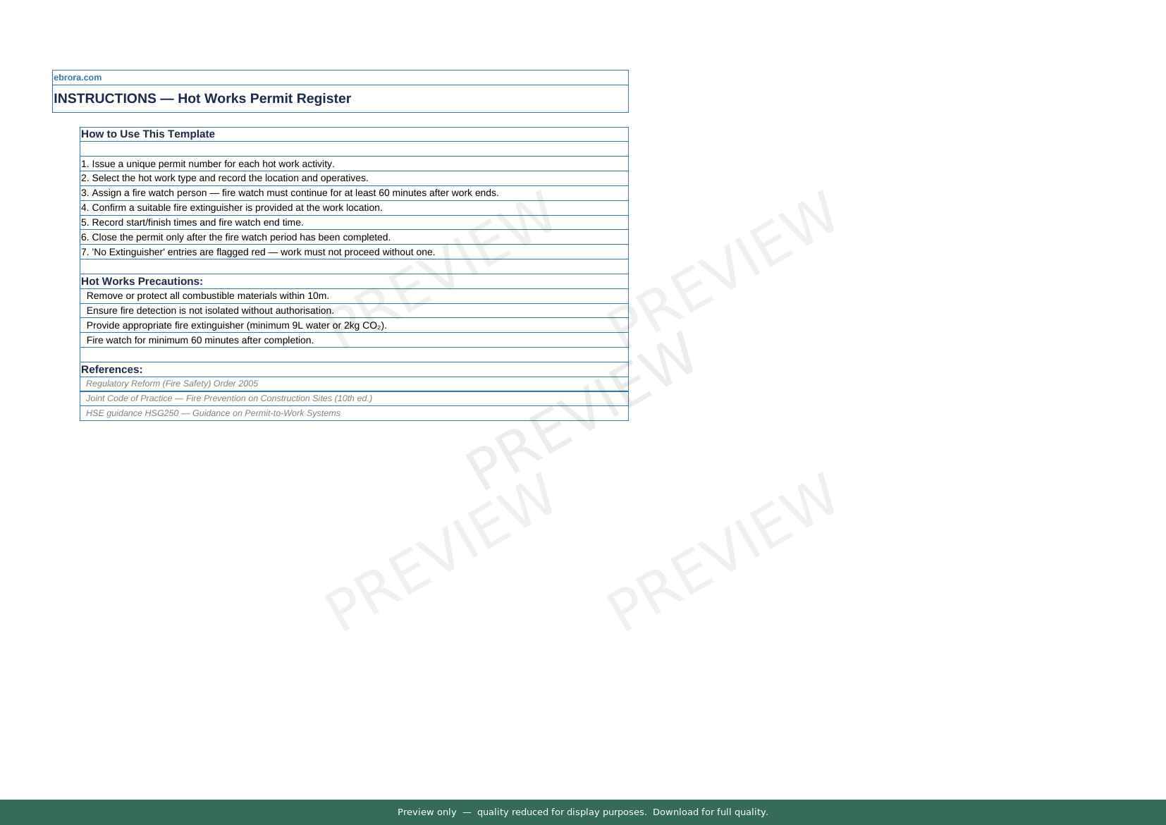 Preview of Hot Works Permit Register — first two pages at A4 size