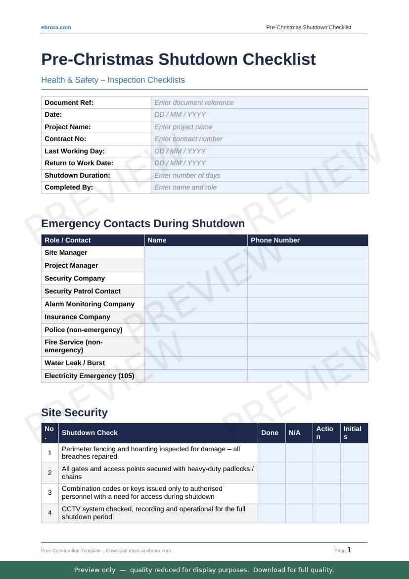 Preview of Pre Christmas Shutdown Checklist — first two pages at A4 size