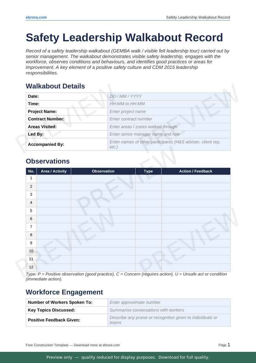 Preview of Safety Leadership Walkabout Record — first two pages at A4 size