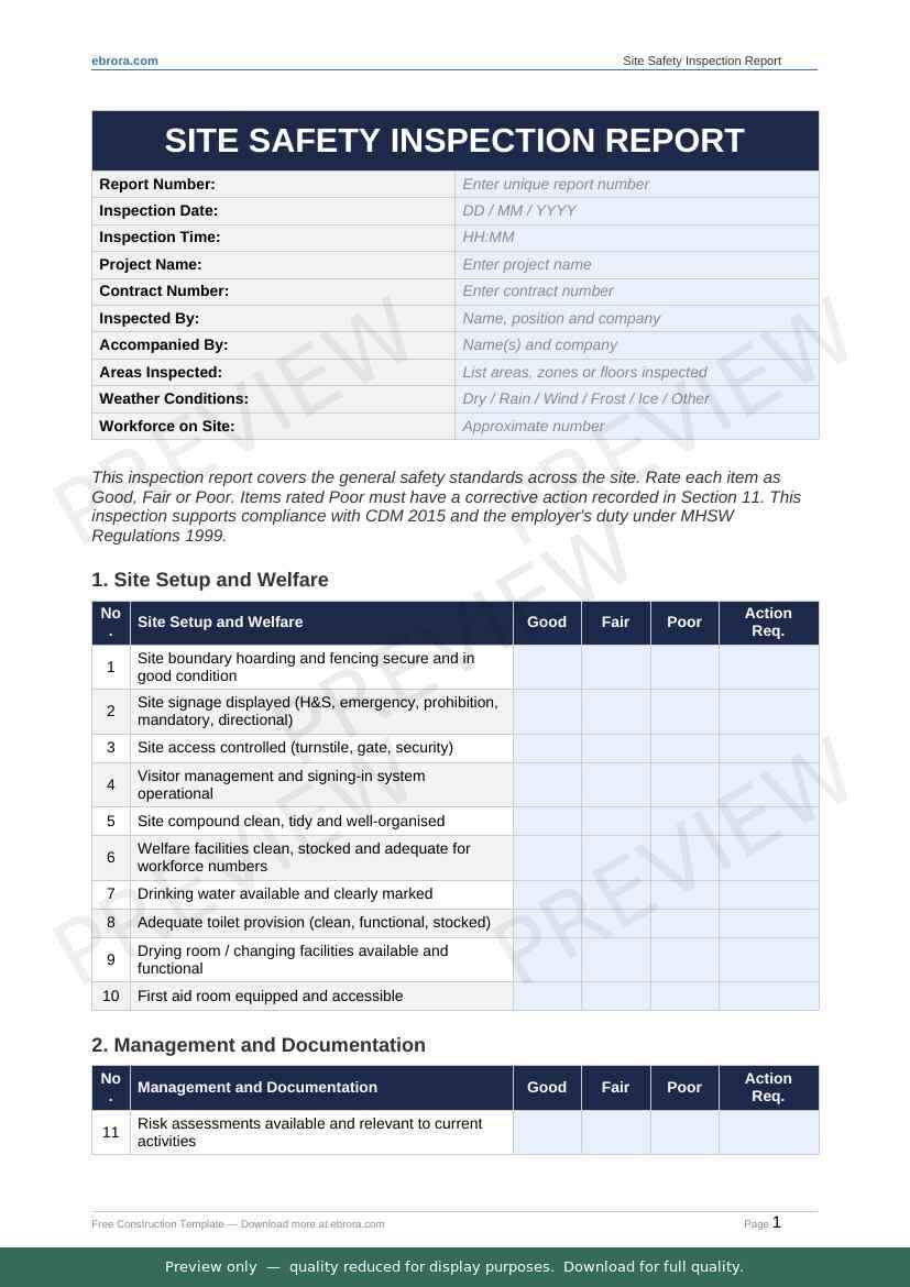 Preview of Site Safety Inspection Report — first two pages at A4 size