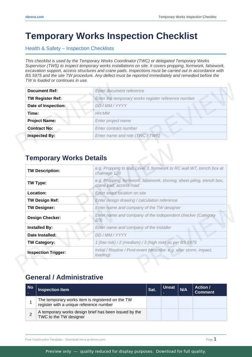 Preview of Temporary Works Inspection Checklist — first two pages at A4 size