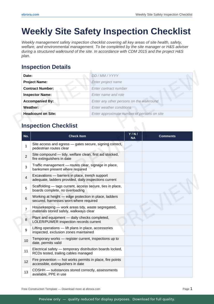 Preview of Weekly Site Safety Inspection Checklist — first two pages at A4 size