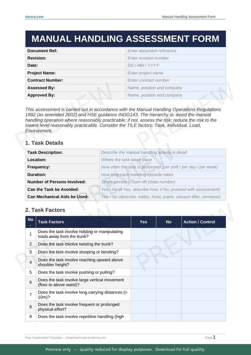 Preview of Manual Handling Assessment Form — first two pages at A4 size