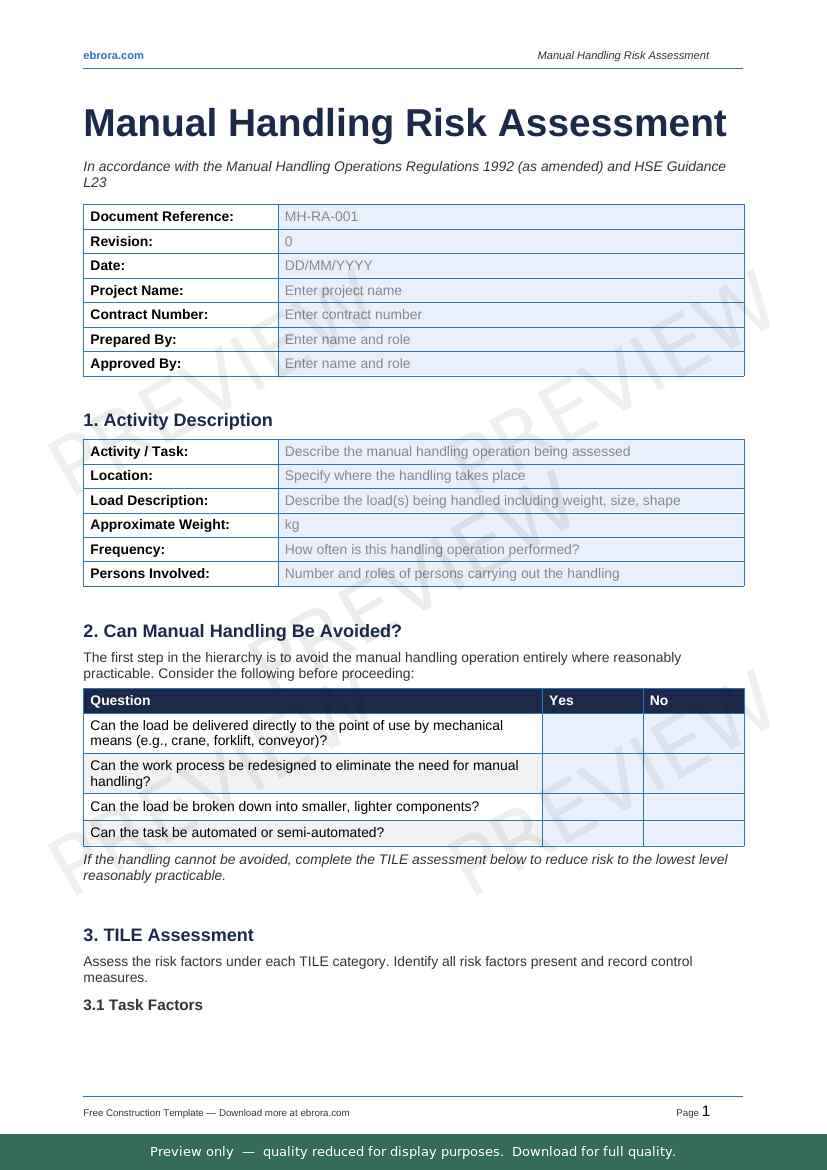 Preview of Manual Handling Risk Assessment — first two pages at A4 size