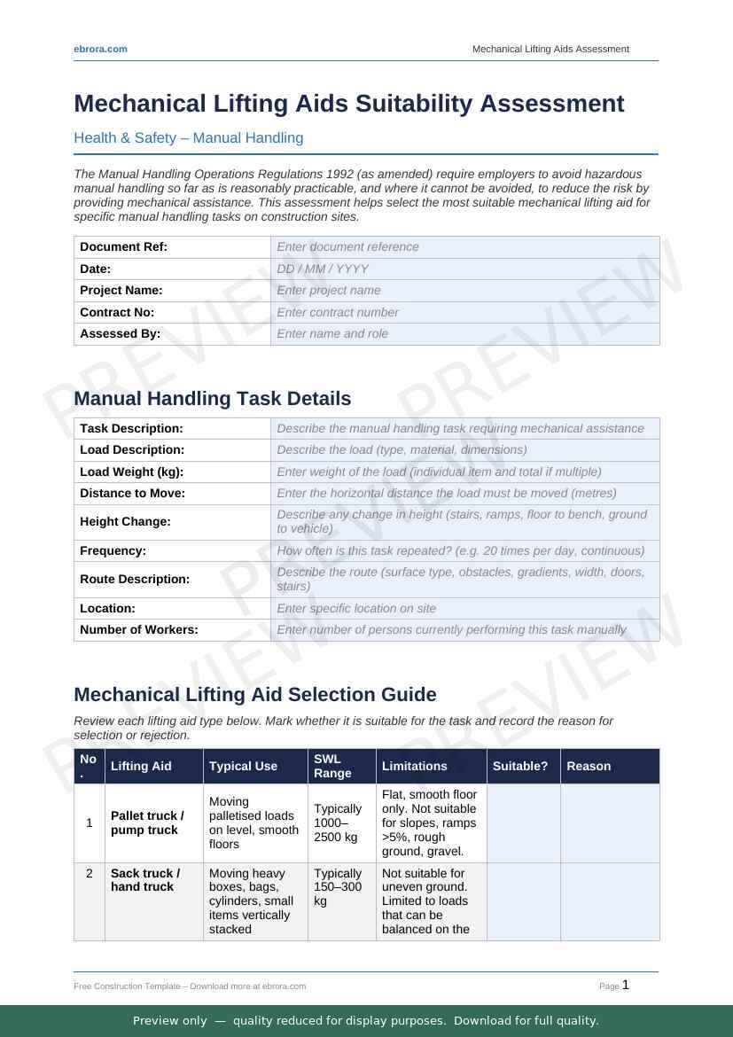 Preview of Mechanical Lifting Aids Suitability Assessment — first two pages at A4 size