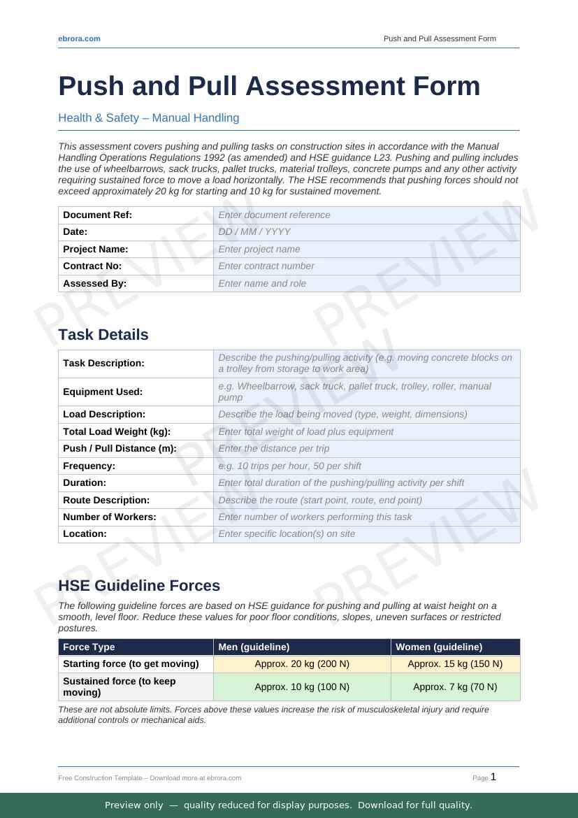 Preview of Push and Pull Assessment Form — first two pages at A4 size