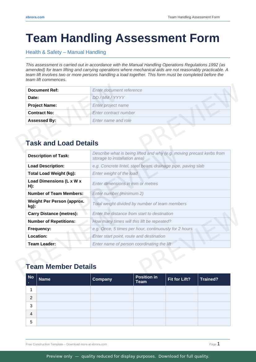 Preview of Team Handling Assessment Form — first two pages at A4 size
