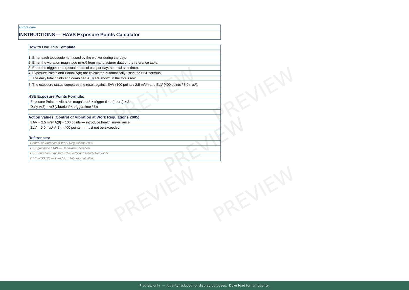 Preview of Havs Exposure Points Calculator — first two pages at A4 size