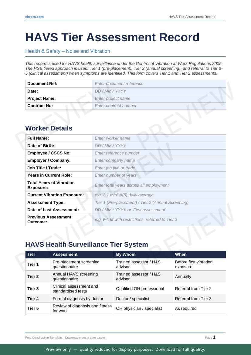 Preview of Havs Tier Assessment Record — first two pages at A4 size