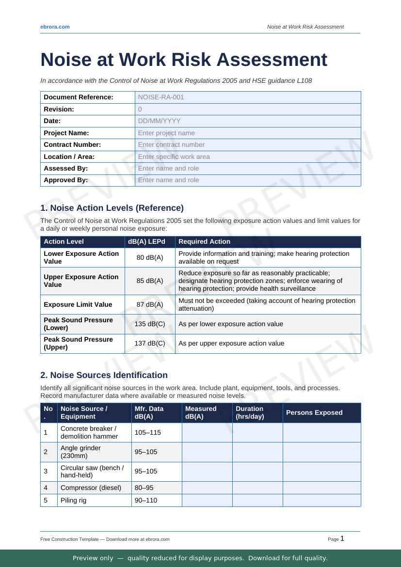 Preview of Noise At Work Risk Assessment — first two pages at A4 size