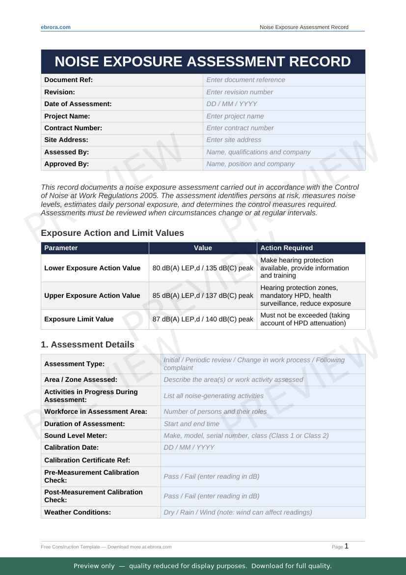 Preview of Noise Exposure Assessment Record — first two pages at A4 size