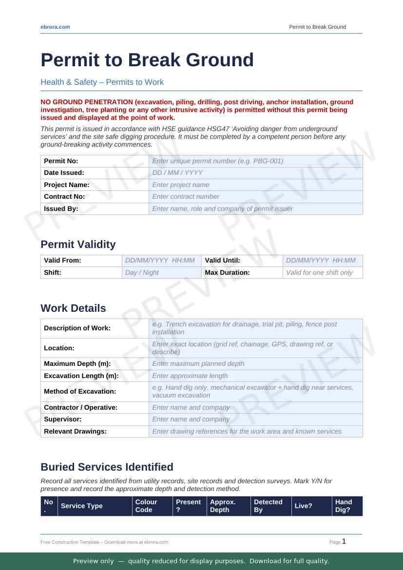 Preview of Permit to Break Ground — first two pages at A4 size