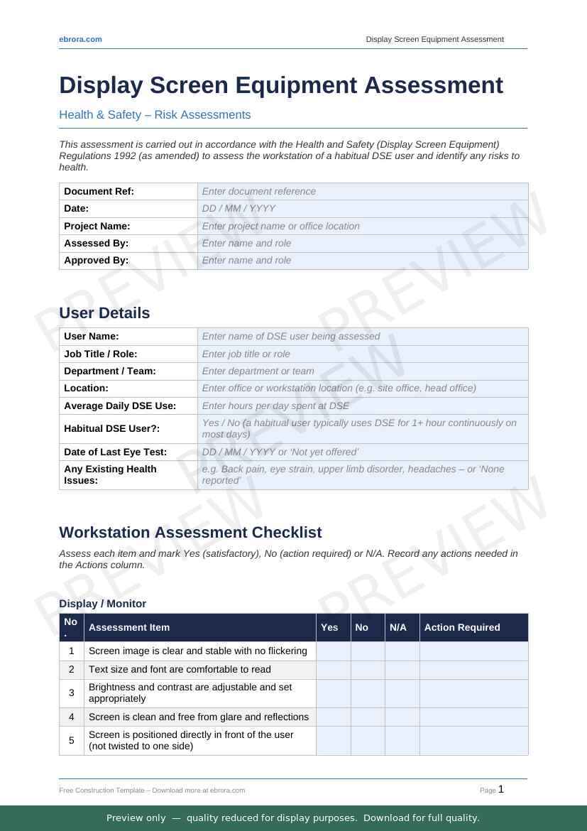 Preview of Display Screen Equipment Assessment — first two pages at A4 size