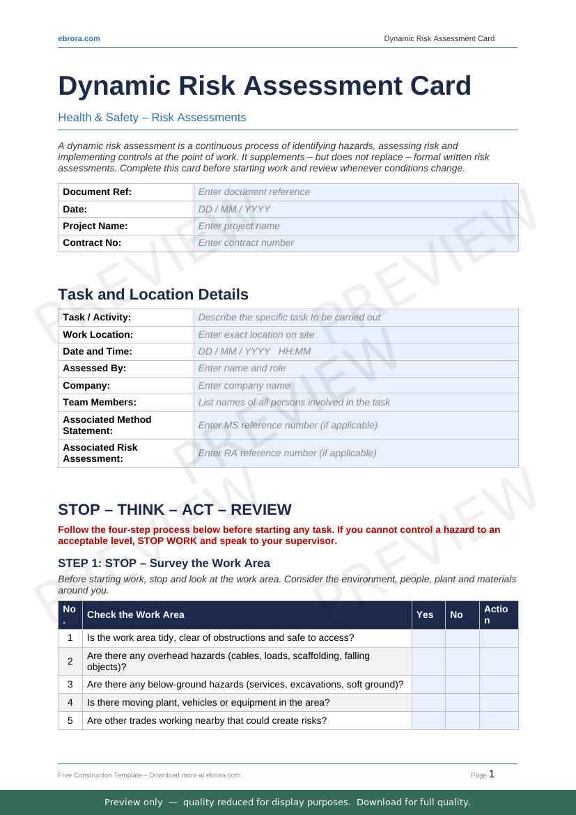 Preview of Dynamic Risk Assessment Card — first two pages at A4 size