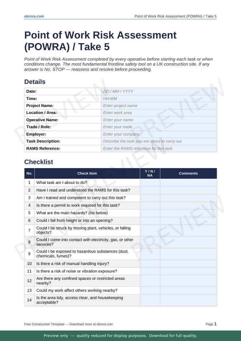 Preview of Point of Work Risk Assessment Powra — first two pages at A4 size