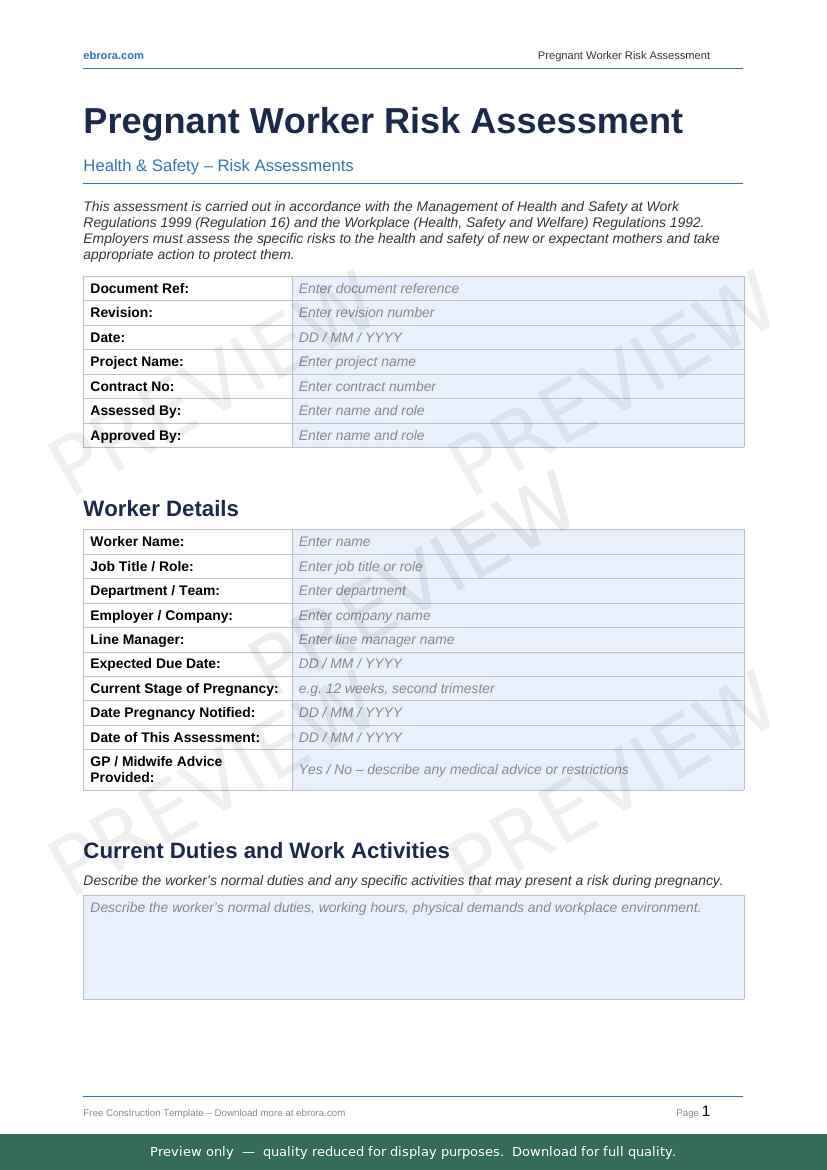 Preview of Pregnant Worker Risk Assessment — first two pages at A4 size