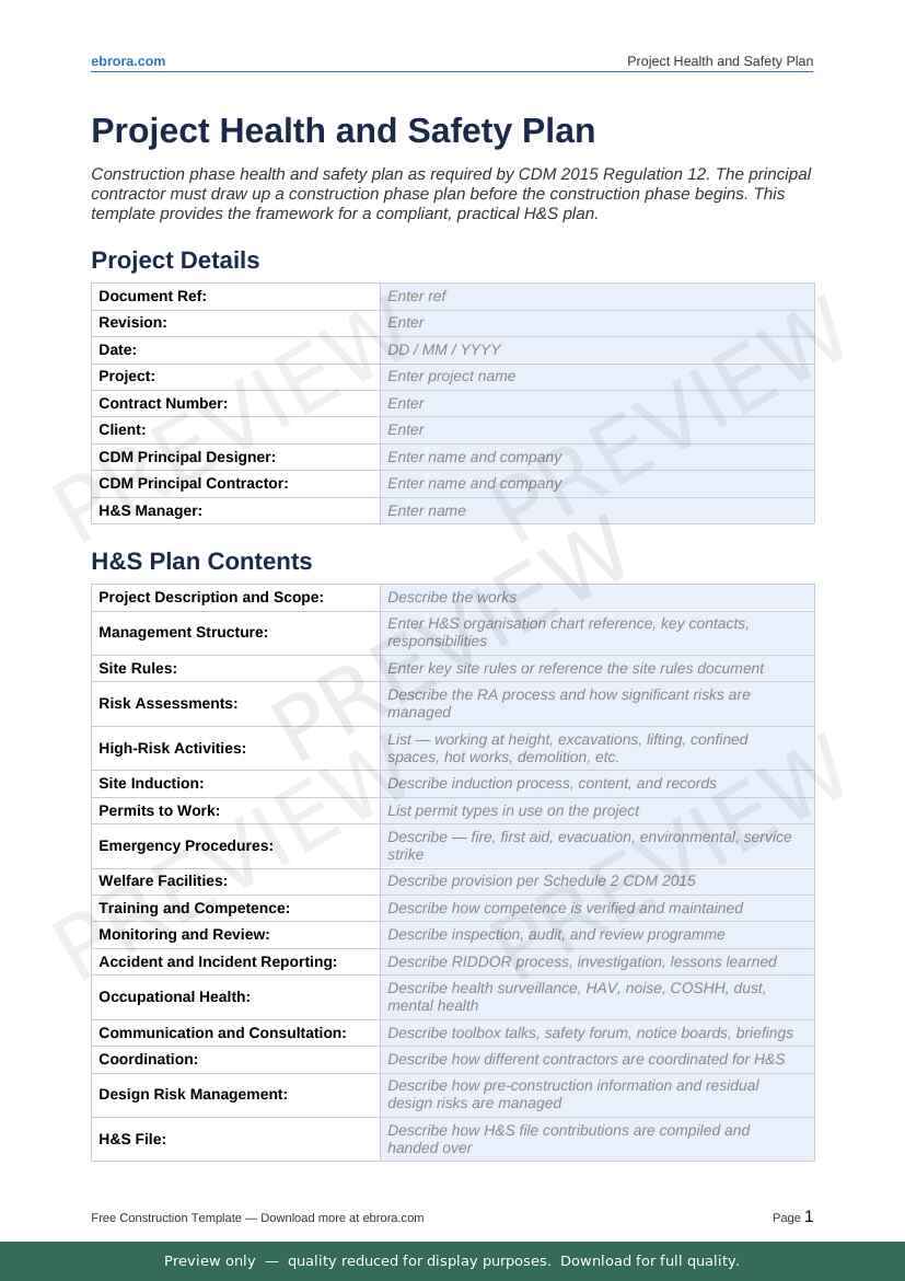 Preview of Project Health and Safety Plan — first two pages at A4 size