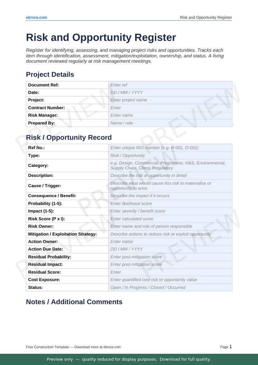 Preview of Risk and Opportunity Register — first two pages at A4 size