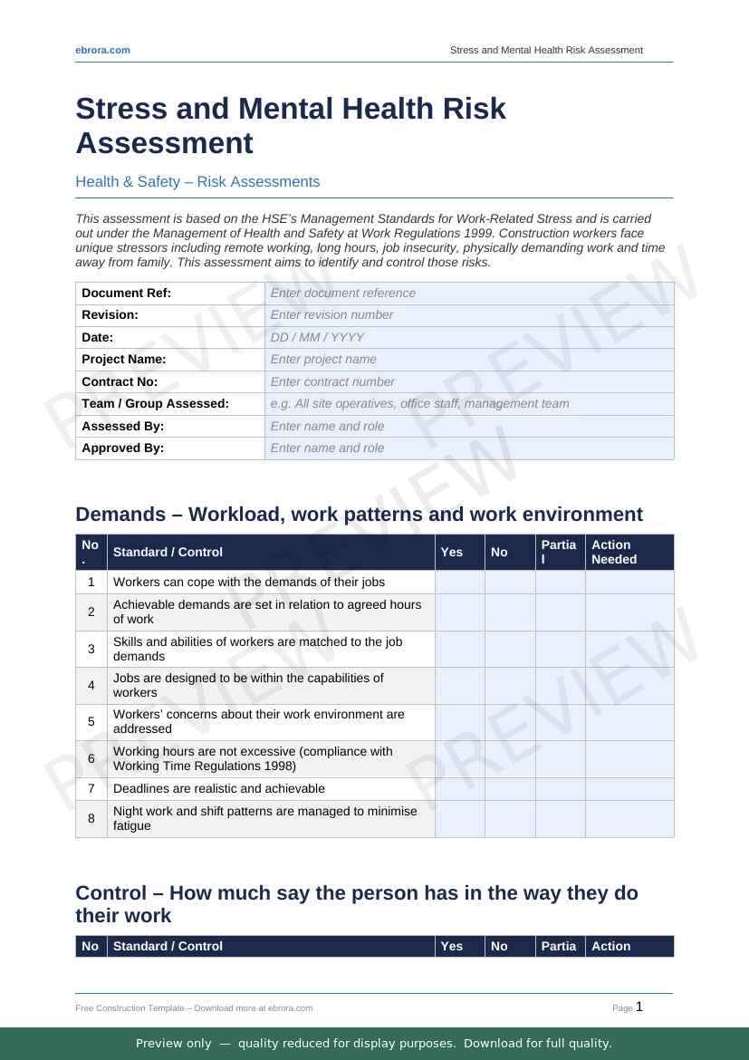 Preview of Stress and Mental Health Risk Assessment — first two pages at A4 size