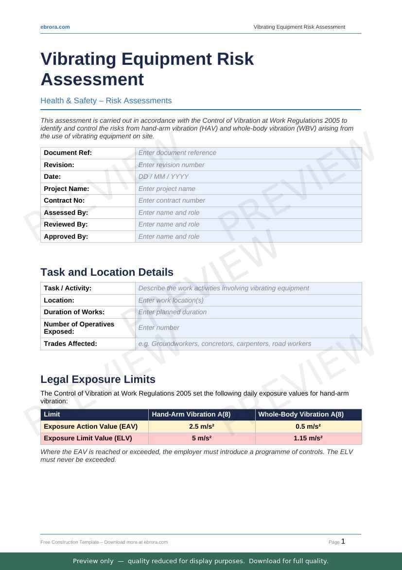 Preview of Vibrating Equipment Risk Assessment — first two pages at A4 size