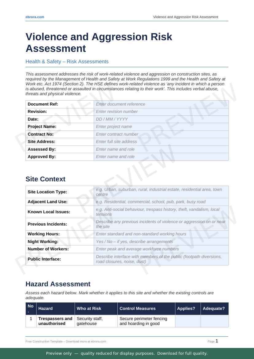 Preview of Violence and Aggression Risk Assessment — first two pages at A4 size