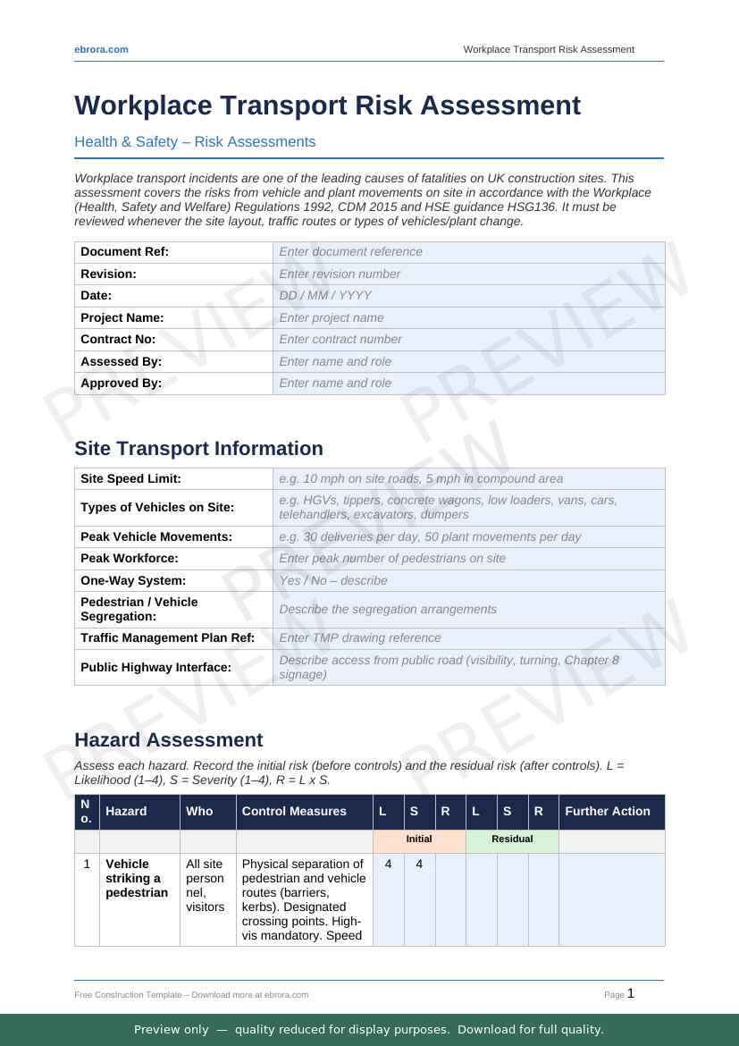 Preview of Workplace Transport Risk Assessment — first two pages at A4 size