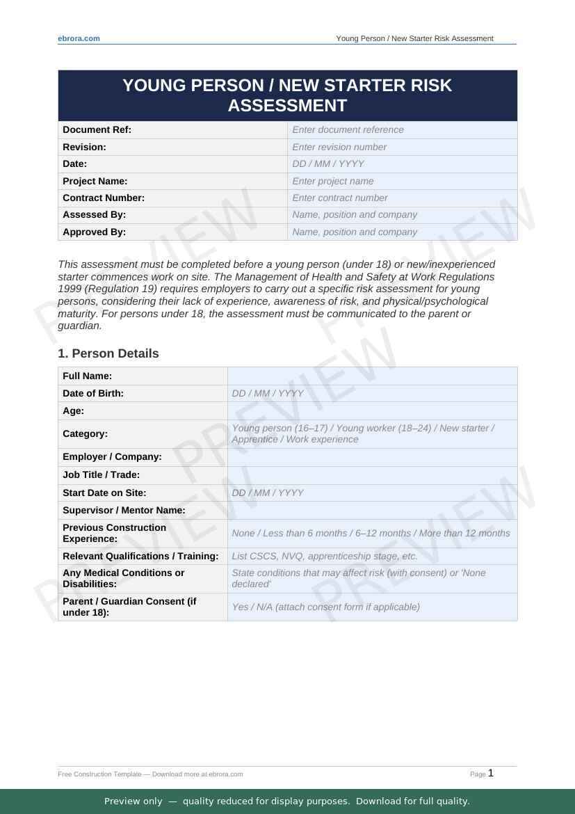 Preview of Young Person New Starter Risk Assessment — first two pages at A4 size