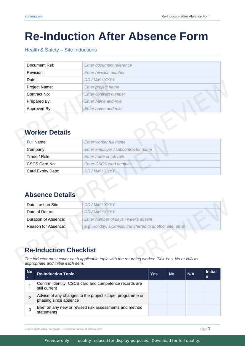 Preview of Re Induction After Absence Form — first two pages at A4 size