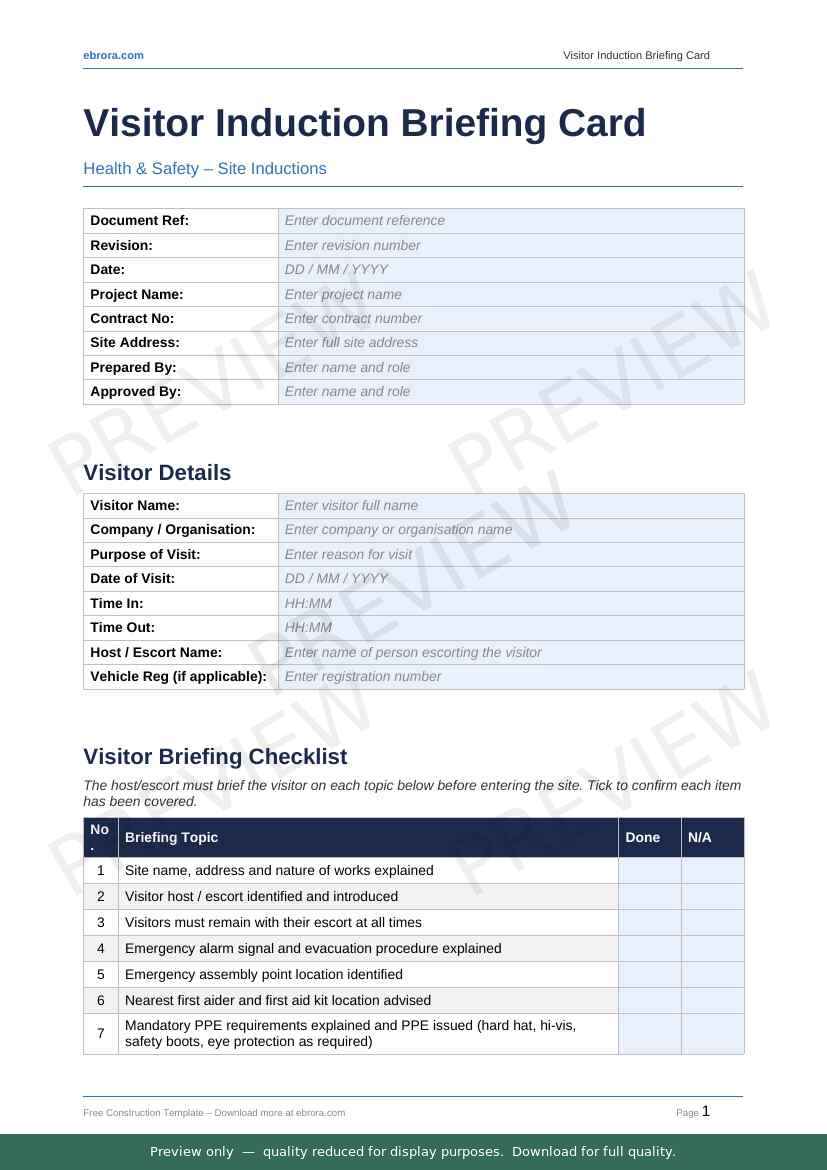 Preview of Visitor Induction Briefing Card — first two pages at A4 size
