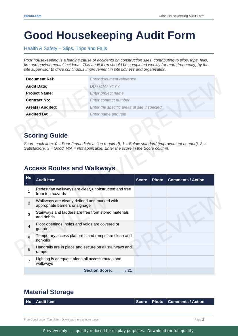Preview of Good Housekeeping Audit Form — first two pages at A4 size