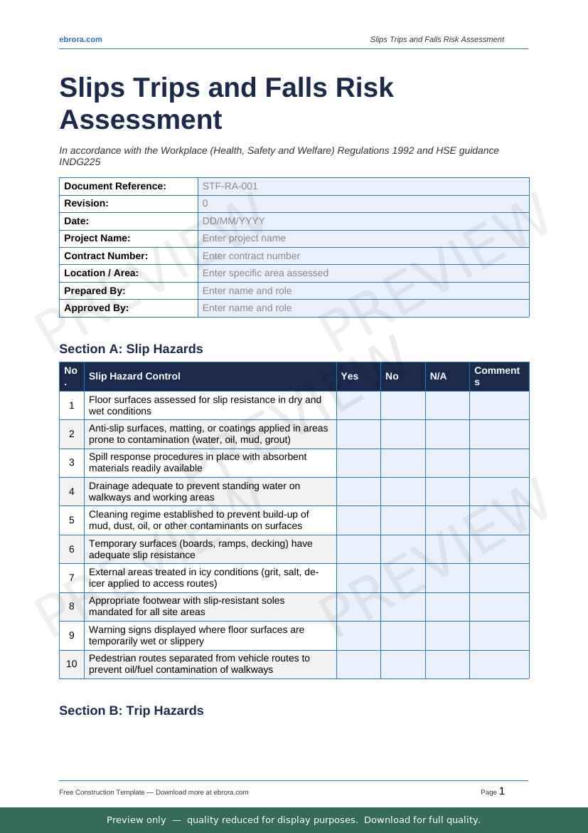 Preview of Slips Trips and Falls Risk Assessment — first two pages at A4 size