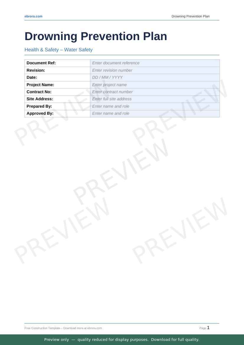 Preview of Drowning Prevention Plan — first two pages at A4 size