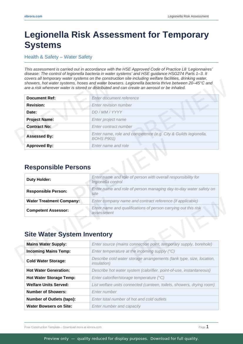 Preview of Legionella Risk Assessment for Temporary Systems — first two pages at A4 size