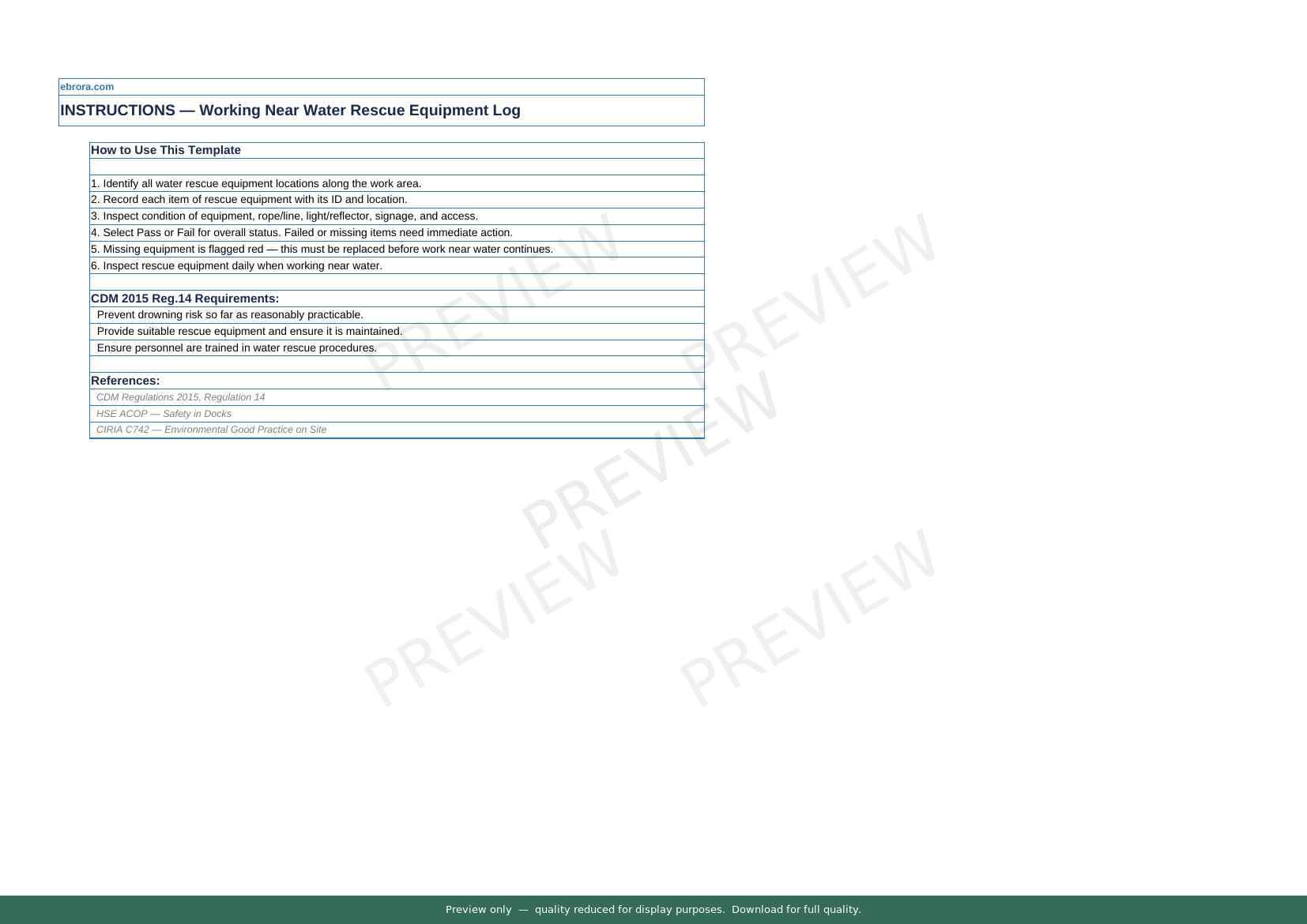 Preview of Working Near Water Rescue Equipment Log — first two pages at A4 size