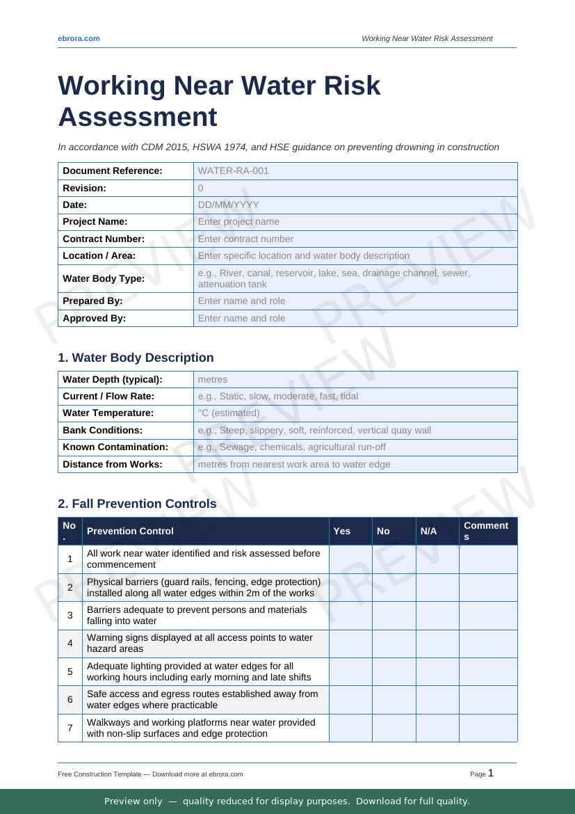 Preview of Working Near Water Risk Assessment — first two pages at A4 size