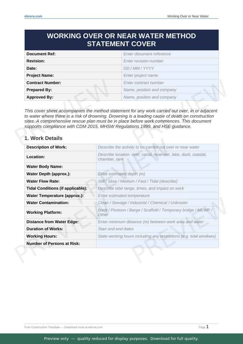 Preview of Working Over or Near Water Method Statement Cover — first two pages at A4 size