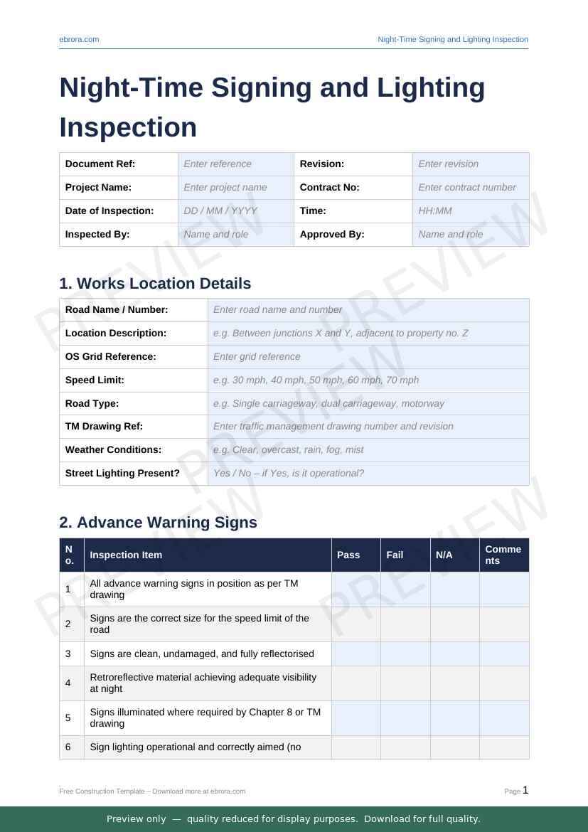 Preview of Night Time Signing and Lighting Inspection — first two pages at A4 size