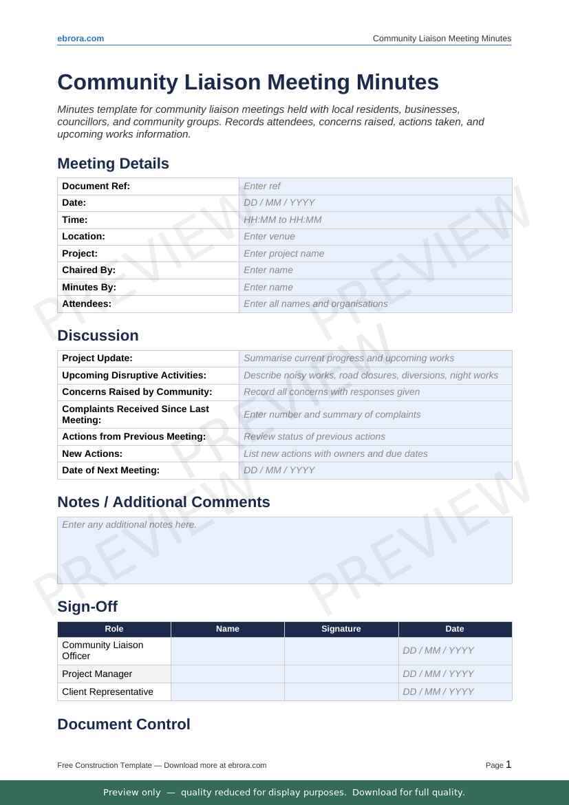 Preview of Community Liaison Meeting Minutes — first two pages at A4 size