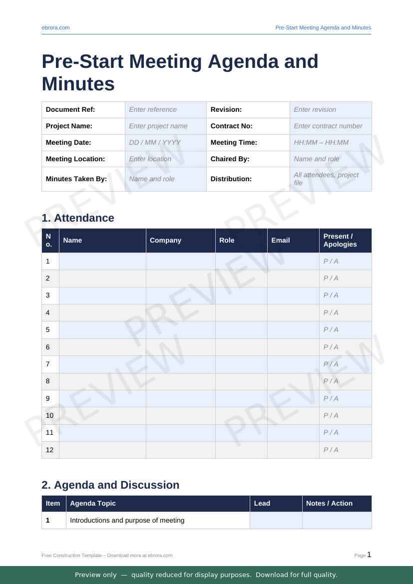 Preview of Pre Start Meeting Agenda and Minutes — first two pages at A4 size