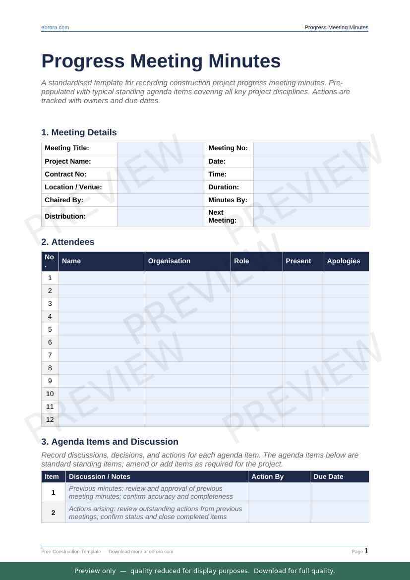 Preview of Progress Meeting Minutes — first two pages at A4 size
