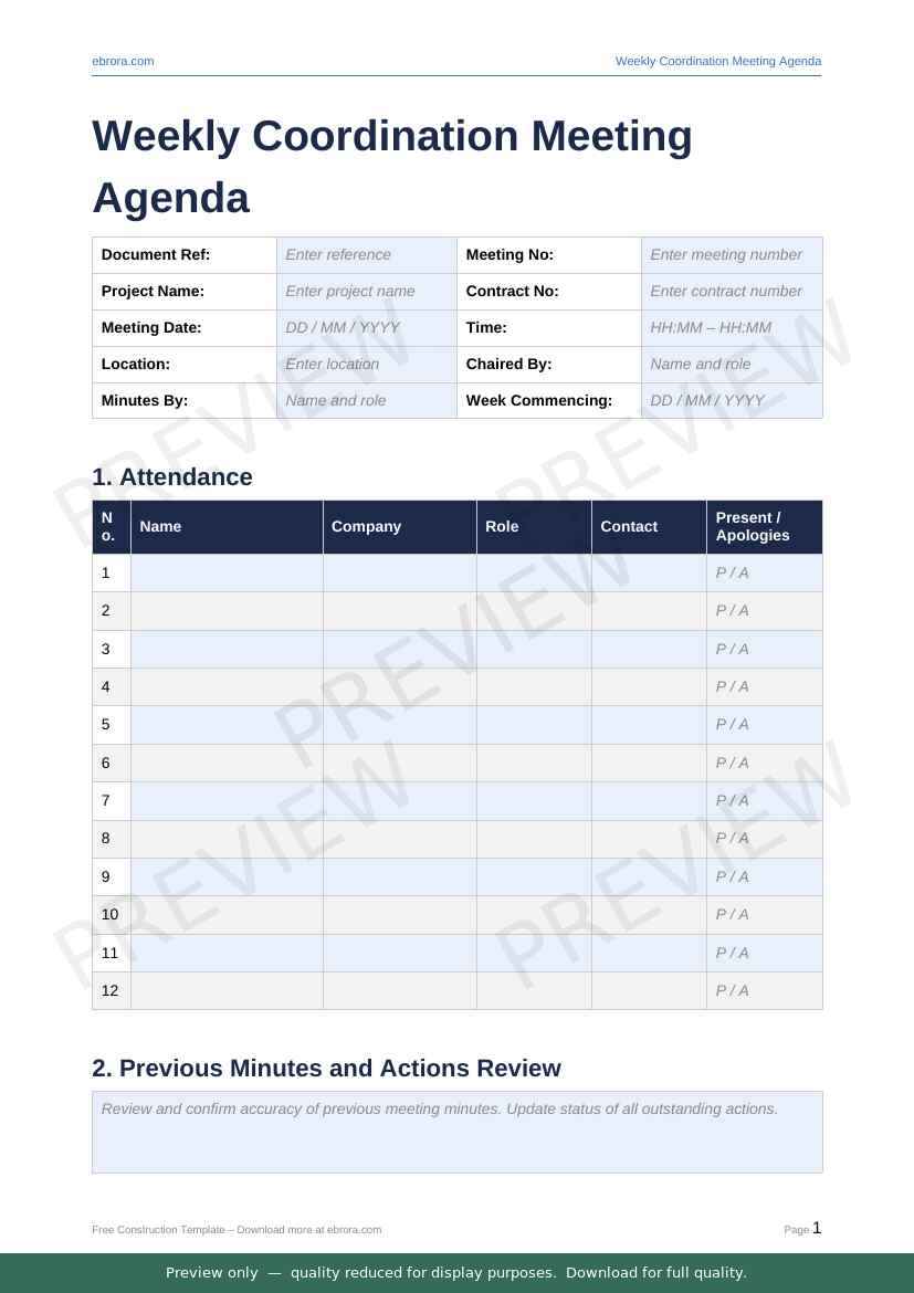 Preview of Weekly Coordination Meeting Agenda — first two pages at A4 size