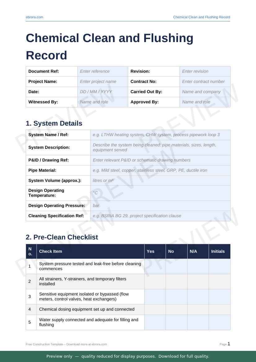 Preview of Chemical Clean and Flushing Record — first two pages at A4 size